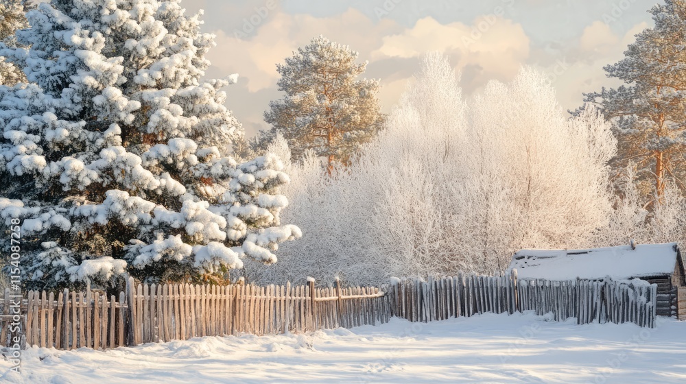 Poster snow-covered pine trees and a rustic fence in a serene winter landscape at dawn with soft clouds and