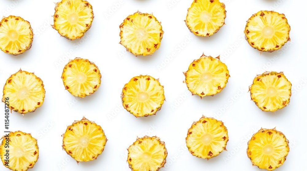 Poster pineapple slices arranged in a grid pattern on a clean white background showcasing their vibrant yel