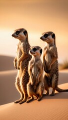 Fototapeta premium A group meerkats sitting together on a sandy dune, basking in the warm desert light. A perfect capture of their social bond and curious expressions