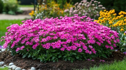 Vibrant pink asters in a flowerbed showcasing a colorful garden scene with lush foliage and blooming flowers in the background