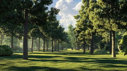 Obraz premium Lush green pines lining a serene park pathway surrounded by vibrant foliage and dappled sunlight creating a tranquil outdoor atmosphere