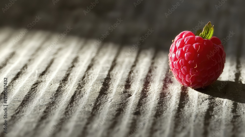 Poster fresh raspberry on a ribbed textured surface with soft natural lighting highlighting its vibrant col