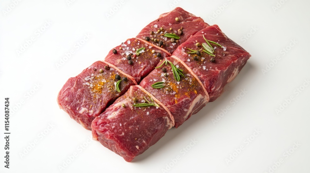 Poster raw beef fillet steaks tied with twine garnished with herbs and spices on a white background high an