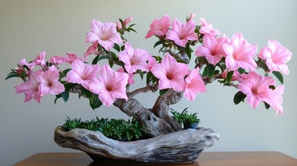 Stunning pink adenium bloom in a decorative bonsai arrangement showcasing vibrant flowers against a minimalistic backdrop.