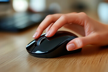 Close-up of a hand gripping a modern computer mouse 