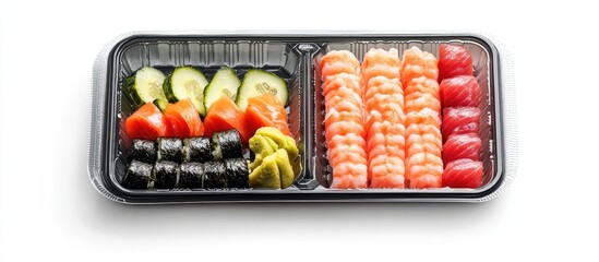 Plastic food packaging tray with sushi assortment featuring salmon, tuna, cucumber, and wasabi on a white background