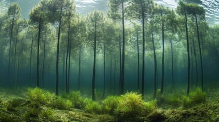 Obraz premium Underwater pine forest in Northwest Java showcasing lush greenery and serene aquatic environment illuminated by natural light