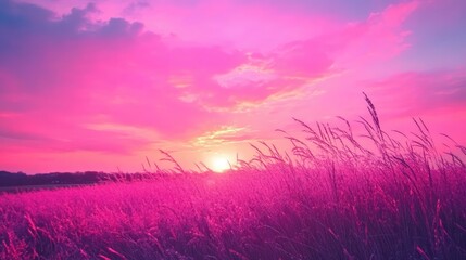 Vibrant pink and purple sunset illuminating a tranquil field with tall grasses under a dreamy sky