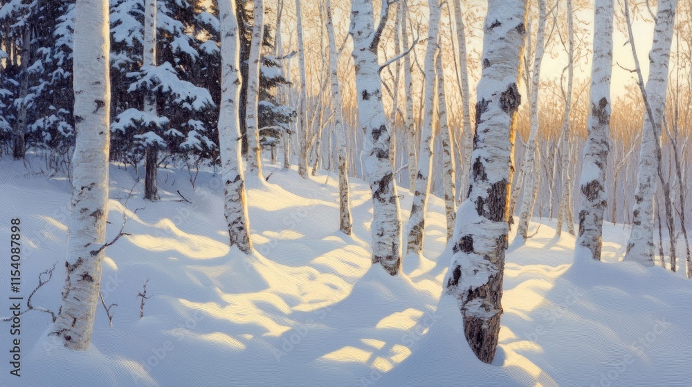 Poster snowy forest scene with sunlit pine trees and undulating branches surrounded by deep snow creating a