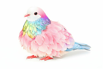 Obraz premium Beautiful pastel-colored bird with vibrant feathers, showcasing a unique blend of pink, blue, and rainbow hues on a white background