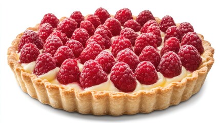 Delicious raspberry tart with fresh berries and creamy filling on a white background perfect for dessert and culinary presentations