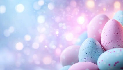 A vibrant arrangement of pastel Easter eggs on a soft surface, surrounded by a dreamy atmosphere, creating the perfect display for celebrating the joyful Easter season with warmth and tradition