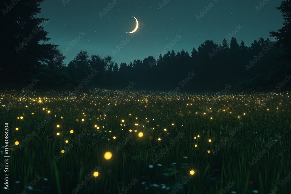 Poster a field of glowing fireflies under a starlit sky with a crescent moon