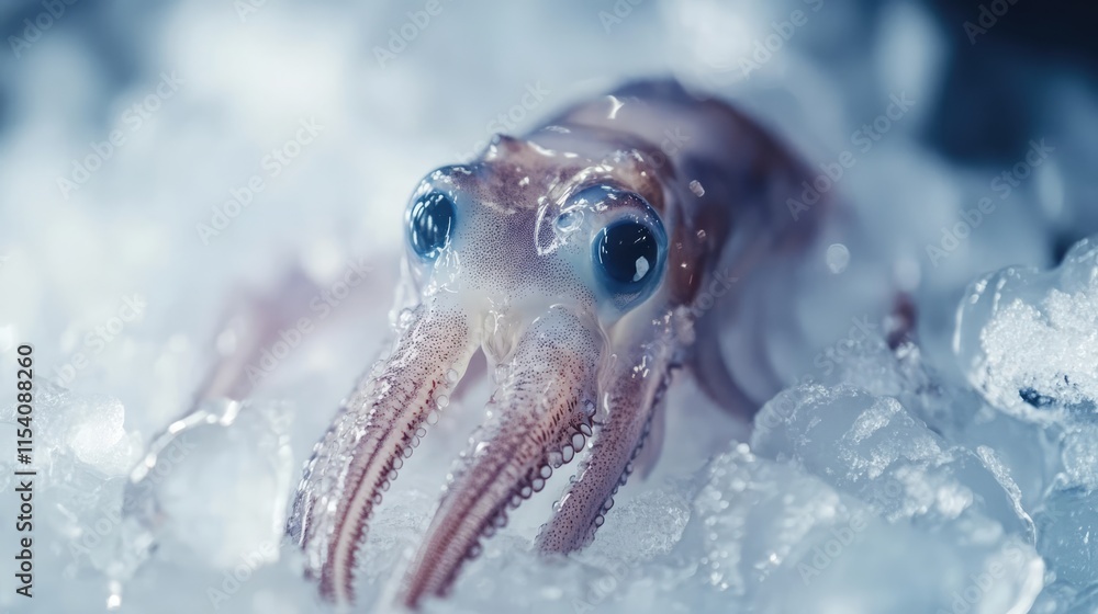 Poster fresh squid displayed on ice with selective focus highlighting its features and texture under soft l