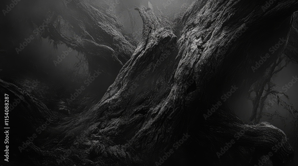 Aufkleber mysterious ancient pinewood forest with gnarled trees shrouded in mist creating an atmospheric and e