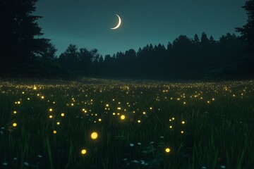 A field of glowing fireflies under a starlit sky with a crescent moon