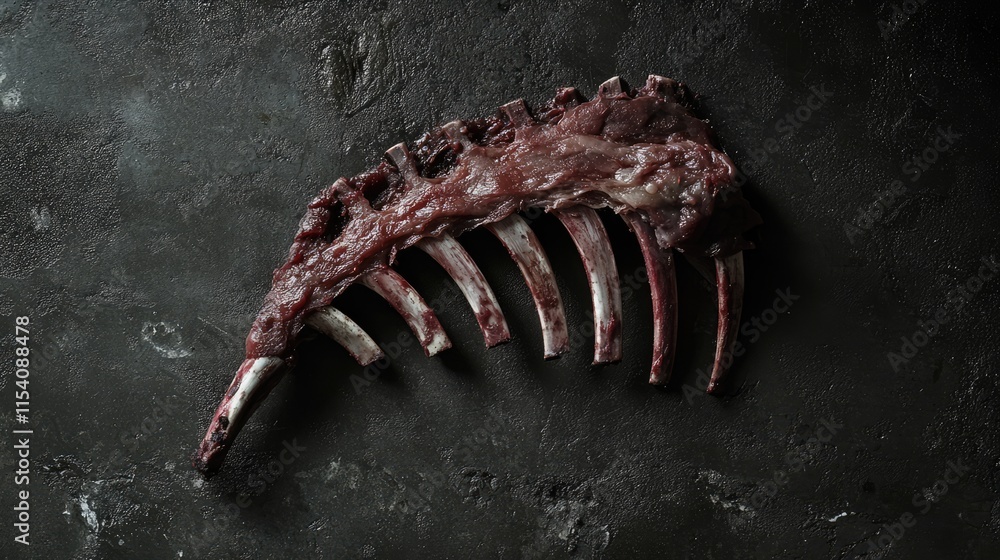 Poster raw lamb ribs displayed on a dark textured surface showcasing the freshness and quality of the meat 