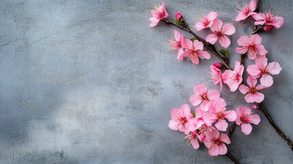 Delicate pink cherry blossoms against a textured grey background creating a serene and elegant floral composition.