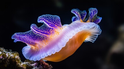 Fototapeta premium Ethereal Jellyfish Gliding Through Dark Waters with Luminous Tentacles and Vibrant Colors, Capturing the Graceful Beauty of Marine Life in a Mystical Underwater World