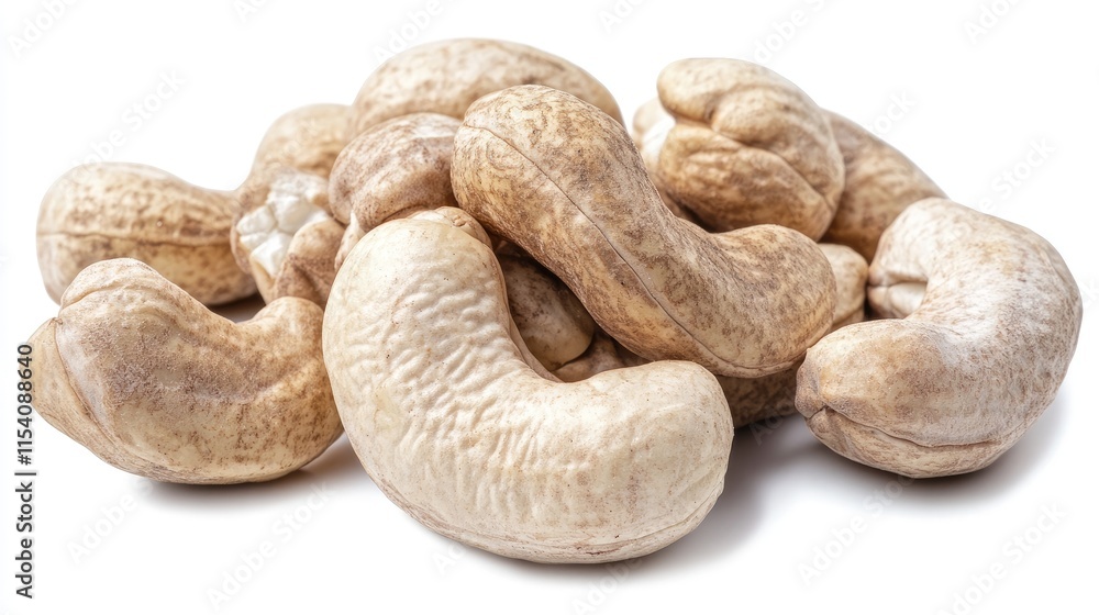 Poster raw cashew nuts in natural shell showcasing texture and unique shape against a clean background, ide