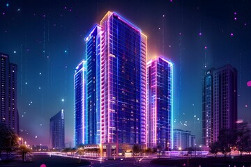 Fototapeta premium Modern skyscrapers illuminated by colorful lights at night in a vibrant urban setting