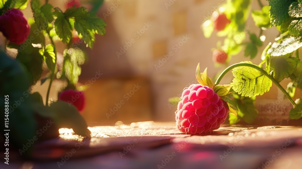 Aufkleber freshly picked raspberry resting on a sunlit surface surrounded by vibrant green leaves and soft nat