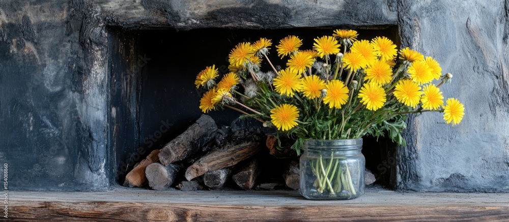Poster yellow dandelions in a rustic jar on a fireplace mantel with gray ash backdrop creating a natural an