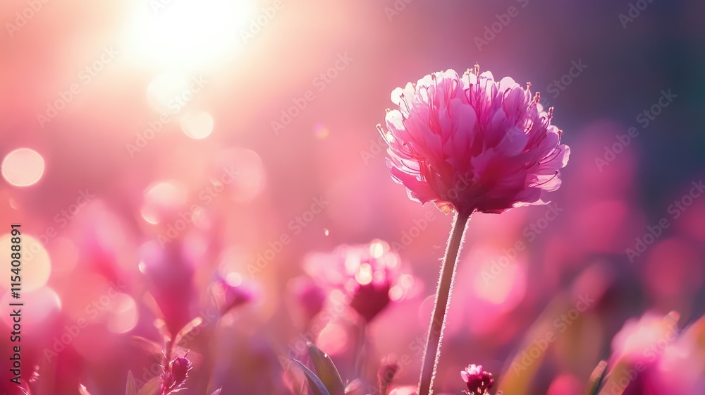Poster pink bellis flower blooming in sunlight with soft focus and bokeh effect creating a serene and vibra