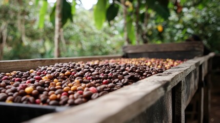 Coffee beans drying on wooden tables in a lush coffee plantation showcasing raw materials for coffee production.