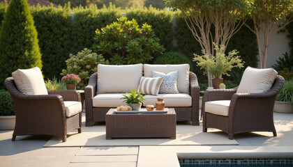 Outdoor patio with wicker furniture and lush greenery.