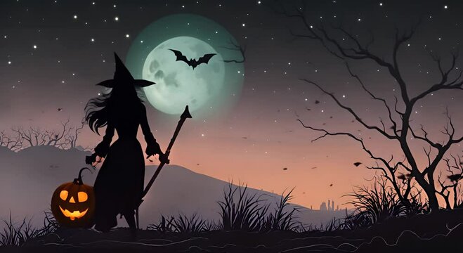 Halloween witch in the night beside ful moon 4K