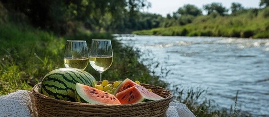 Obraz premium Picnic by the riverbank with watermelon, assorted fruits, and glasses of white wine, surrounded by lush nature and a tranquil water view