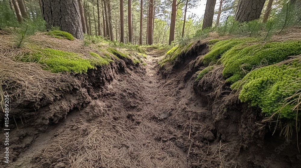 Poster pine tree forest footpath surrounded by moss and grass in a serene woodland during the summer season