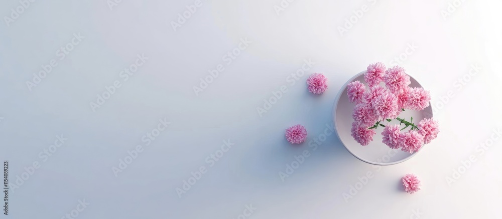 Poster pink carnations in a white vase on a white table with plenty of negative space for text and design e