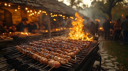Grilled Meat Skewers Cooking Over Open Flames