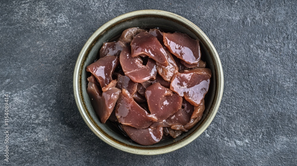 Poster fresh raw duck liver slices in a rustic bowl on a textured gray background perfect for culinary or f