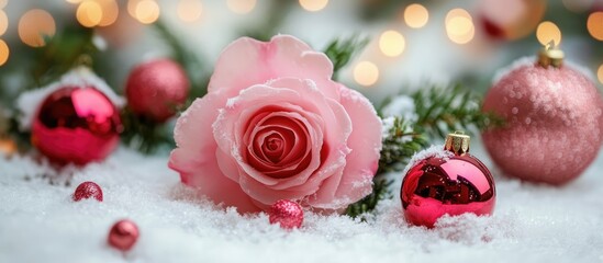 Pink rose surrounded by festive holiday ornaments on a snow-covered surface with sparkling lights for winter celebrations