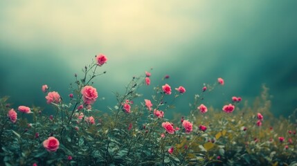 Fototapeta premium Serene floral landscape with blooming pink roses under a moody sky capturing the essence of untouched natural beauty.