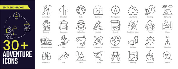 Adventure Stroke icon collections. Containing hike, campfire, snorkeling, climbing, travel and camping icons. Editable Stroke icon collection Outline icon