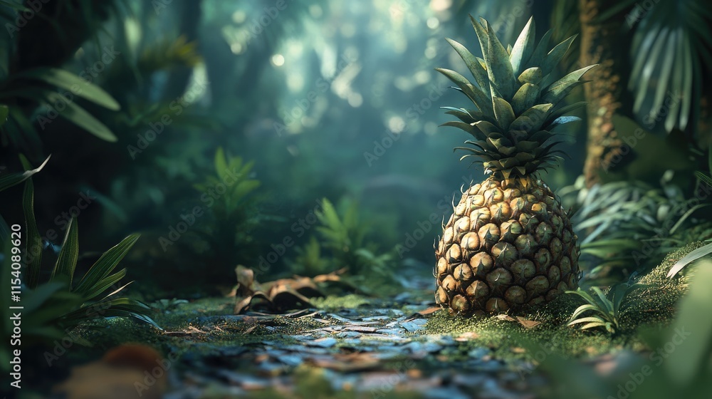 Poster pineapple nestled among lush greenery with soft sunlight filtering through tree shade in a serene fo