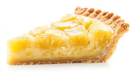 Delicious pineapple pie slice on a clean white background showcasing a creamy filling and golden crust texture