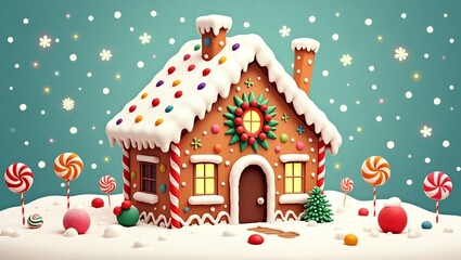 Candy-Coated Gingerbread House Illustration for Christmas Celebrations
