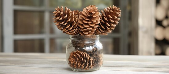 Pine cones beautifully displayed in a glass jar enhancing home decor and seasonal design aesthetics for a cozy atmosphere