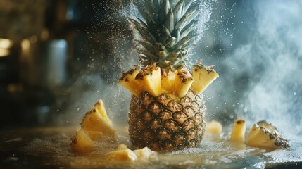 Pineapple halves and fresh juice creating a refreshing tropical atmosphere with droplets in the air and a vibrant green pineapple centerpiece