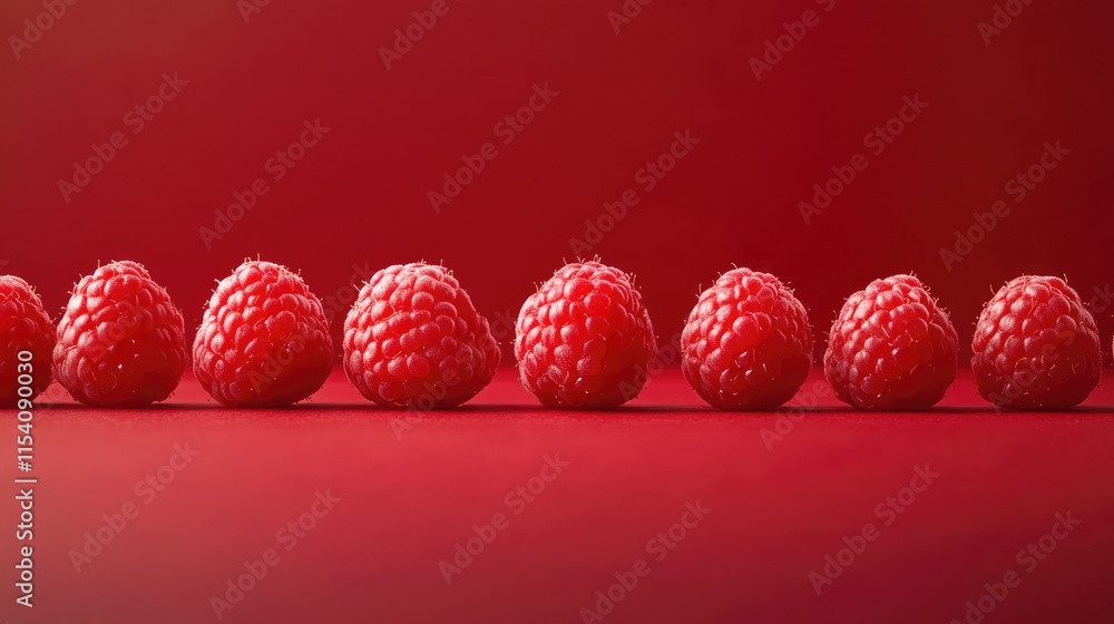 Poster fresh raspberries arranged in a neat row on a vibrant red background showcasing their rich color and