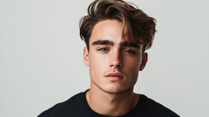 Obraz premium handsome young man portrait with stylish hair wearing casual clothing against a minimalist white background