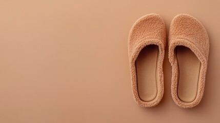 Cozy brown slippers on a warm neutral background with ample space for your text or design elements in a stylish home setting