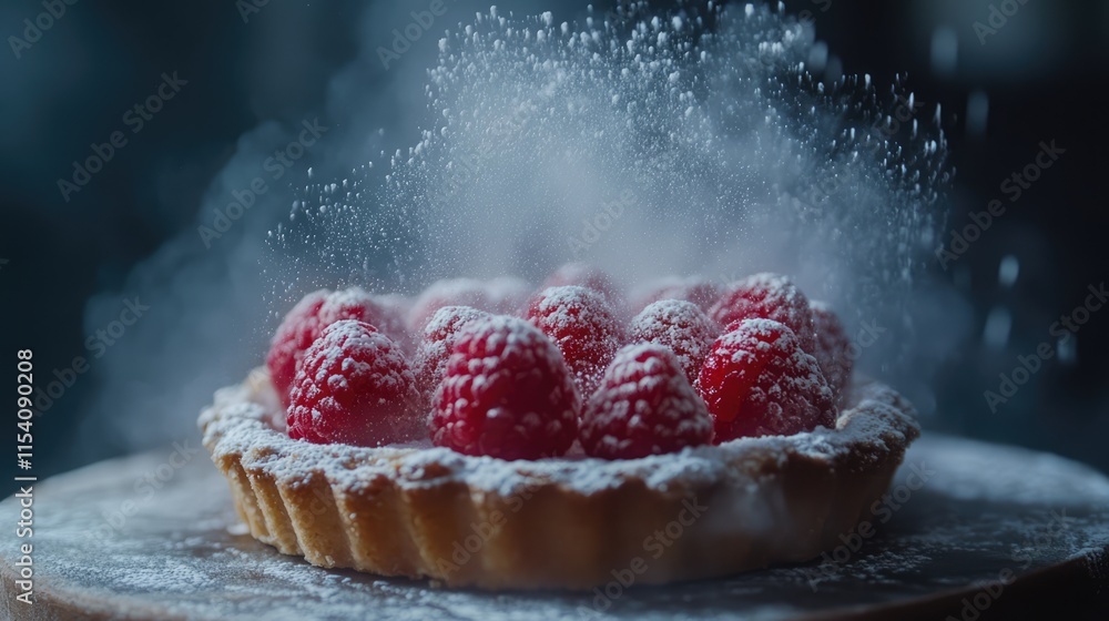 Poster raspberry tart adorned with fresh berries and dusted with powdered sugar on a wooden surface in a so