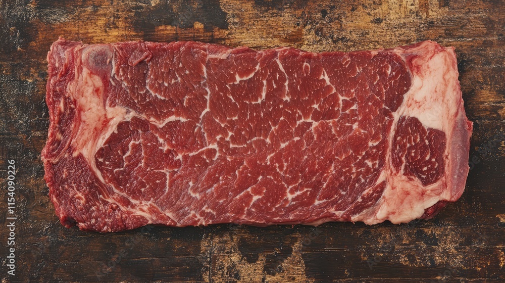 Poster marbled raw steak displayed on rustic wooden tabletop highlighting texture and color for culinary an