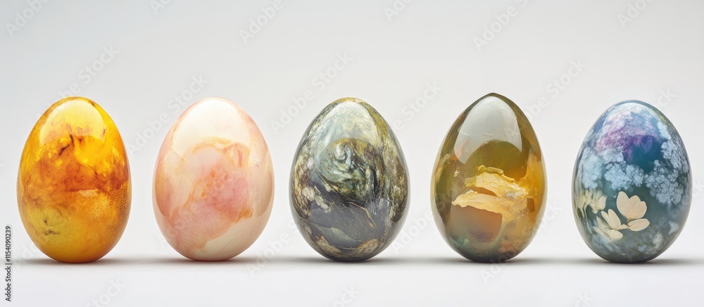 Aufkleber colorful preserved decorative eggs arranged in a row on a white background with ample space for text